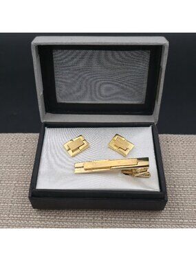 Gold Rectangular Cufflink and Tie Bar Set for Men Classic Formal Suit B1218